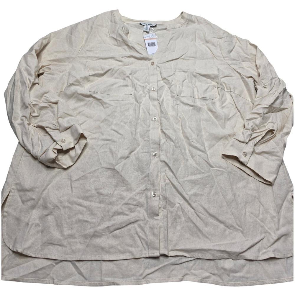 Nine West Jeans Cammie Linen Shirt Birch Beige Plus Size 2X Button Down NWT